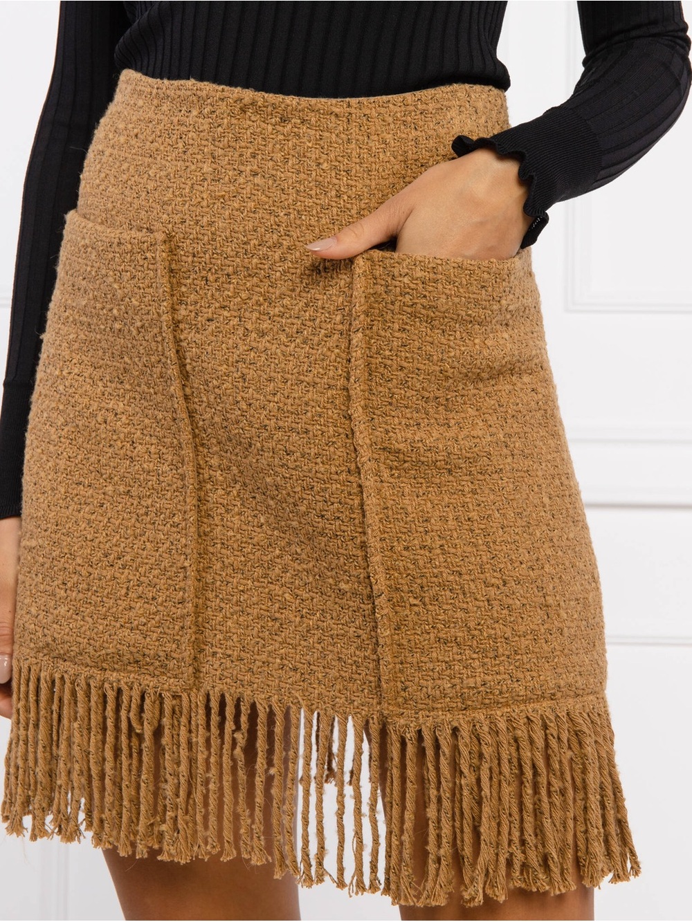 Pinko Causeway mini skirt in tan color cotton wool blend size 2 fringe